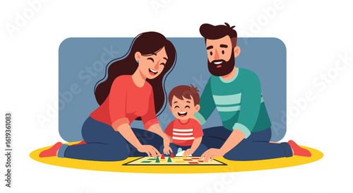 Happy family playing a board game together, perfect for family blogs, websites, or brochures.
