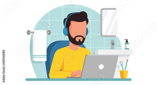 Man working on laptop in bathroom, perfect for remote work, work from home, or multitasking illustration.