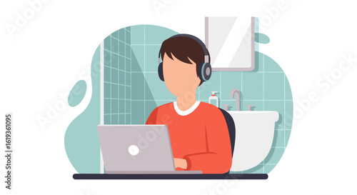 Person working on laptop in bathroom, perfect for illustrating work-life balance or remote work.