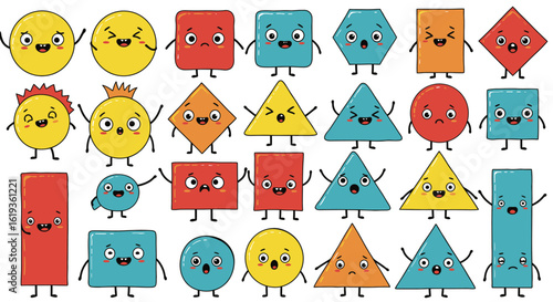 Smiling shapes, including triangles, squares, and circles, are lined up in rows with alternating colors. The image is likely an illustration or vector art.
