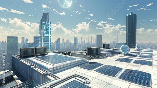 Rooftop solar panels and air conditioning units overlooking a futuristic cityscape under a bright sky