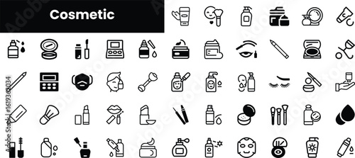 A diverse collection of black and white cosmetic icons, showcasing items like lipsticks, skincare products, and makeup tools, ideal for beauty enthusiasts and professionals.