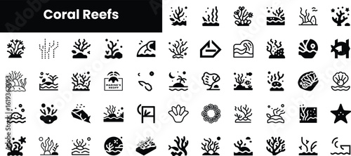 A collection of diverse coral reef icons, showcasing various marine life and underwater landscapes in a minimalist black-and-white design.