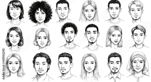 Twenty black-and-white portraits of diverse individuals are arranged in a grid, showcasing varied hairstyles and facial features. The selection appears to be part of a creative asset library.