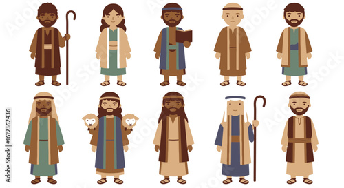 Ten cartoon figures in tunics are arrayed in two rows. They appear to be men and women from Biblical times.