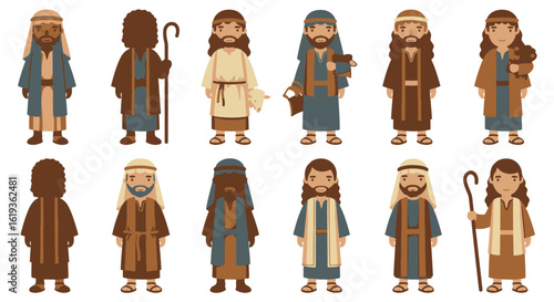 Twelve cartoon shepherds are arranged in two rows. The characters have long hair, beards, and are wearing robes and head coverings.