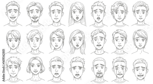 The image depicts a collection of sketched faces displaying various emotions.
