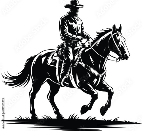 Cowboy riding galloping horse western