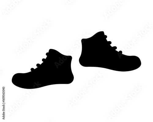 Black silhouette illustration featuring two children's boots with laces, side by side