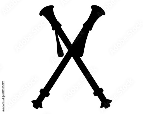 Silhouette of two hiking or trekking poles crossed on a white background