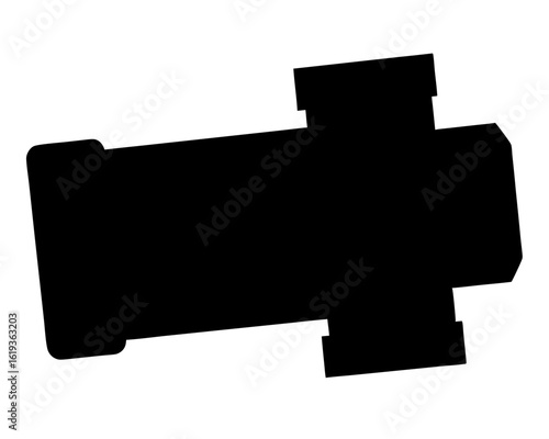 A black silhouette of an industrial valve and pipe fitting connector