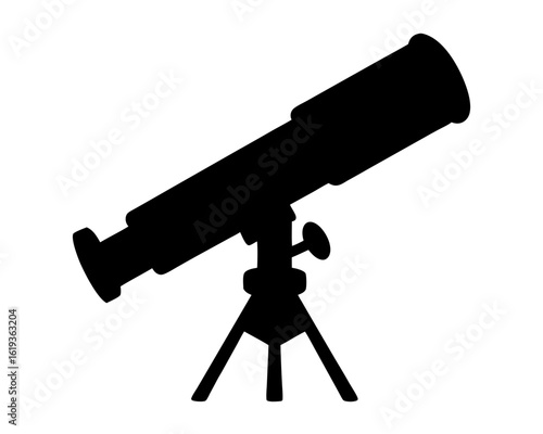 Simple black telescope silhouette with tripod for stargazing or scientific observation