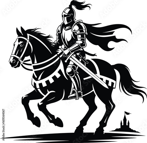Armored knight riding horse with sword medieval