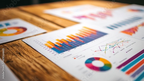 Assorted charts and graphs on a wooden table
