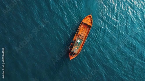 Solitary fishing vessel adrift turquoise ocean waves Tranquil aerial view embodies sea adventures exploring open water under a bright sky