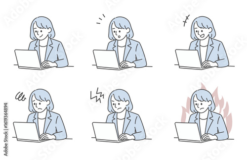 女性会社員のパソコン作業と感情バリエーションのイラスト