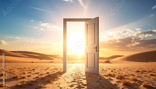 Open door in desert landscape at sunset, light shining through