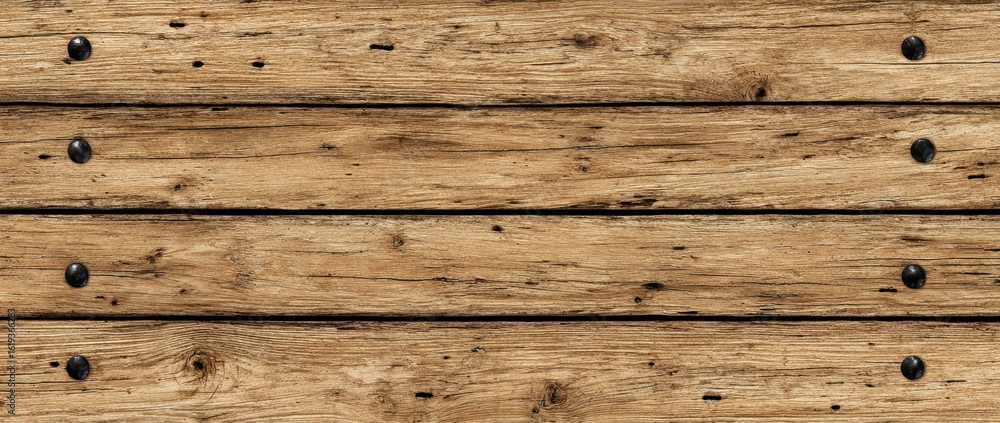 Naklejka premium Weathered horizontal wood planks with dark fasteners