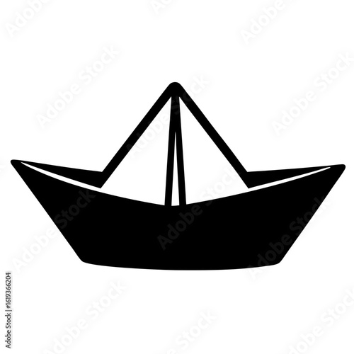 Simple Black Paper Boat Icon Representing Childhood Nostalgia and Imagination