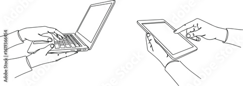 Hands using laptop and tablet line art illustration, digital device outline drawing, modern technology usage concept, minimal vector sketch for remote work, touchscreen design