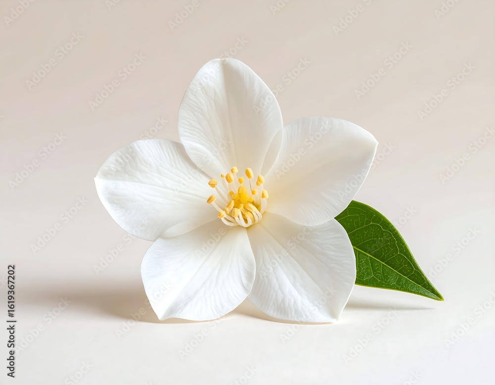Fototapeta premium Delicate single white spring flower with a yellow center and green leaf. Macro shot of a beautiful bloom isolated on a soft neutral background.