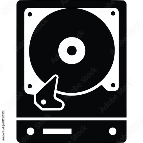 Hard Drive Icon, Data Storage, Digital Technology, Computer Hardware, Black and White, Simple Graphic