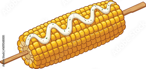 Grilled corn on the cob with creamy sauce, tasty street food, roasted maize stick, cartoon vector illustration, fresh vegetable snack, delicious barbecue meal