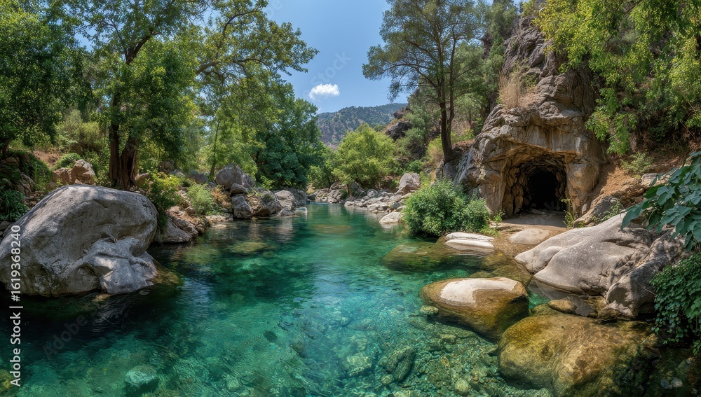Naklejka premium River flows by cave in nature reserve; Scenic tourism spot with distant mountains