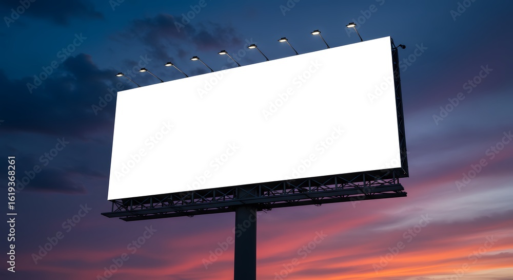 Obraz premium Blank billboard advertising space at dusk with colorful sky, perfect for marketing and commercial messages, offering ample copy space for your design needs