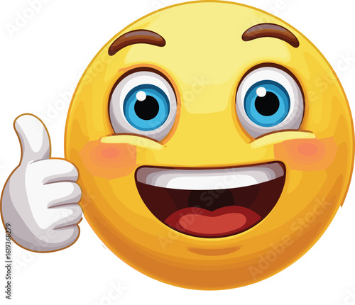 Happy emoji with thumbs up, cartoon face, cheerful expression, positive smile, approval sign, vector illustration, emoticon icon, joyful mood, feedback concept image