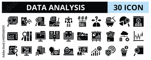 30 Data Analysis Glyph Icons Vector - data analysis, modeling, hypothesis, predictive, diagnostic, algorithms, insight