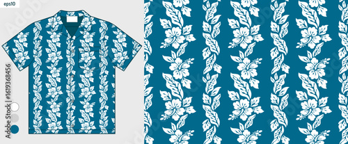 Striped hibiscus flower pattern for summer fashion clothing, mockup hawaii shirt tropical design, textile print vector for beachwear, not AI generated