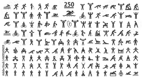 Mega pack of 250 exercise and fitness icons. A huge collection of stick figure pictograms showing workout and sport activities.

