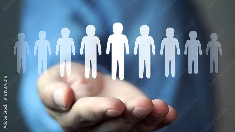 Hand Presenting a Row of Human Silhouettes Representing Teamwork, Human Resources Team Icon Hand Presenting a Row of Human Silhouettes Representing Teamwork, Human Resources Team Icon