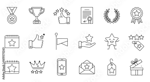 Customer review and star rating line icon set. Symbols for feedback, five-star satisfaction, and testimonials for e-commerce websites and apps.

