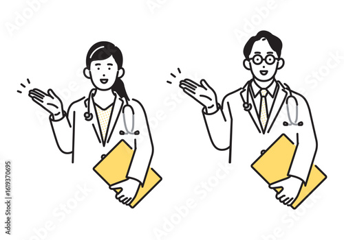 シンプル　イラスト　医者の男性と女性の上半身 人物セット
