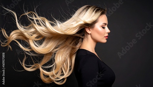 Profile of a blonde woman with long, flowing hair against a dark background