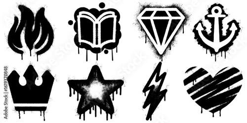 Collection of black graffiti stencil icons with dripping spray paint effect on a white background. Includes fire flame, open book, diamond, anchor, crown, star, lightning bolt, and heart.
