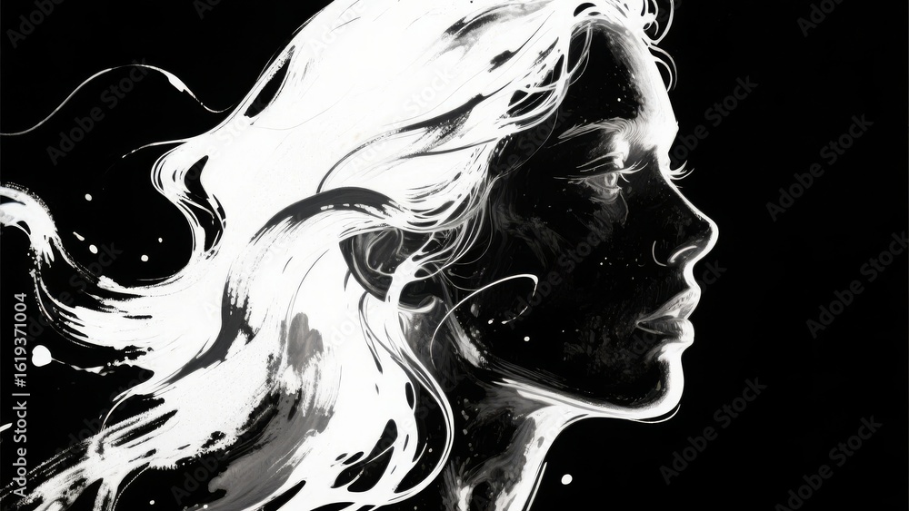 Fototapeta premium Monochromatic Profile of a Woman with Flowing Hair