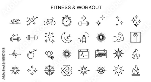 Line icons for fitness apps and health trackers. A complete UI symbol set for logging exercise, goals, calories, and personal health stats.

