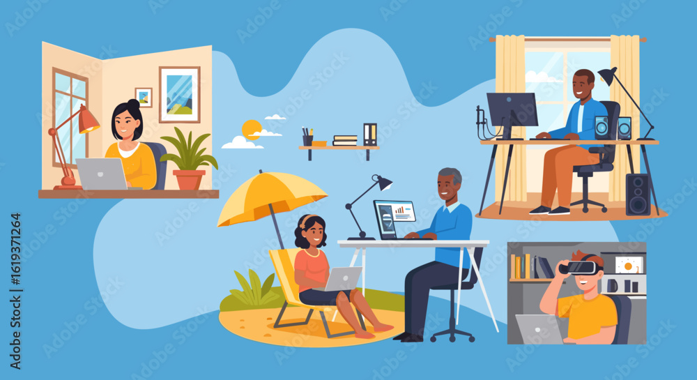 Fototapeta premium Diverse group of people working remotely from various locations, perfect for illustrating remote work, flexibility, and work-life balance.