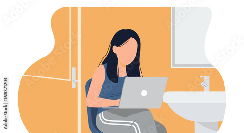 Woman working on laptop in bathroom, illustration for work from home articles or blogs.