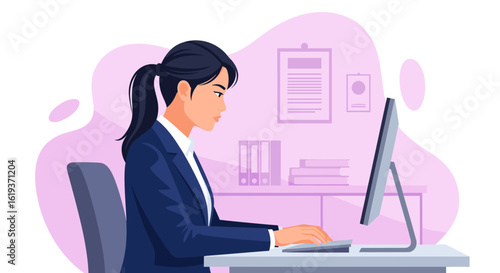 Businesswoman working on computer, perfect for website banners or business presentations.