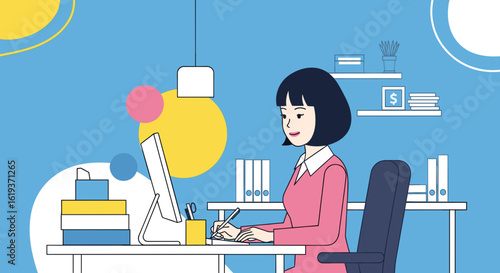 Young businesswoman working at her desk in a modern office, perfect for website banners or business presentations.