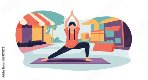 Woman practicing yoga outdoors, perfect for wellness websites or brochures.