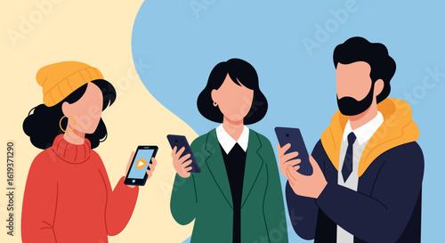 Diverse group of people using smartphones, ideal for mobile app marketing or social media campaigns.