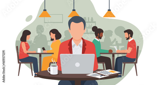 Diverse team working together in a cafe, perfect for illustrating collaboration and teamwork for a business blog or website.