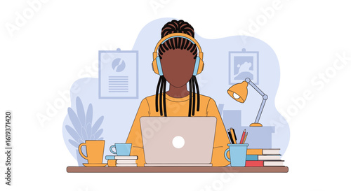 Woman working from home on laptop, wearing headphones, perfect for website banners or blog posts about remote work.
