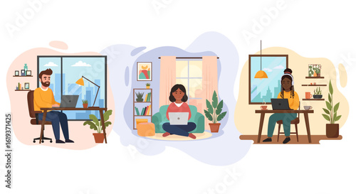Diverse group of people working remotely from home, ideal for illustrating work from home, telecommuting, or remote work concepts.