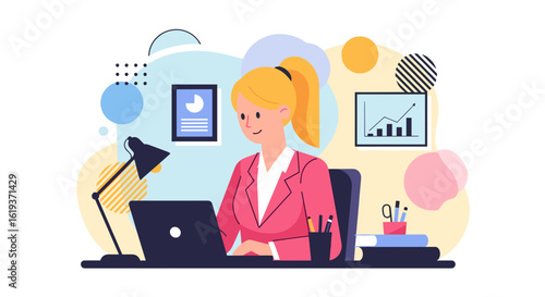 Businesswoman working on laptop, perfect for website banners or business presentations.